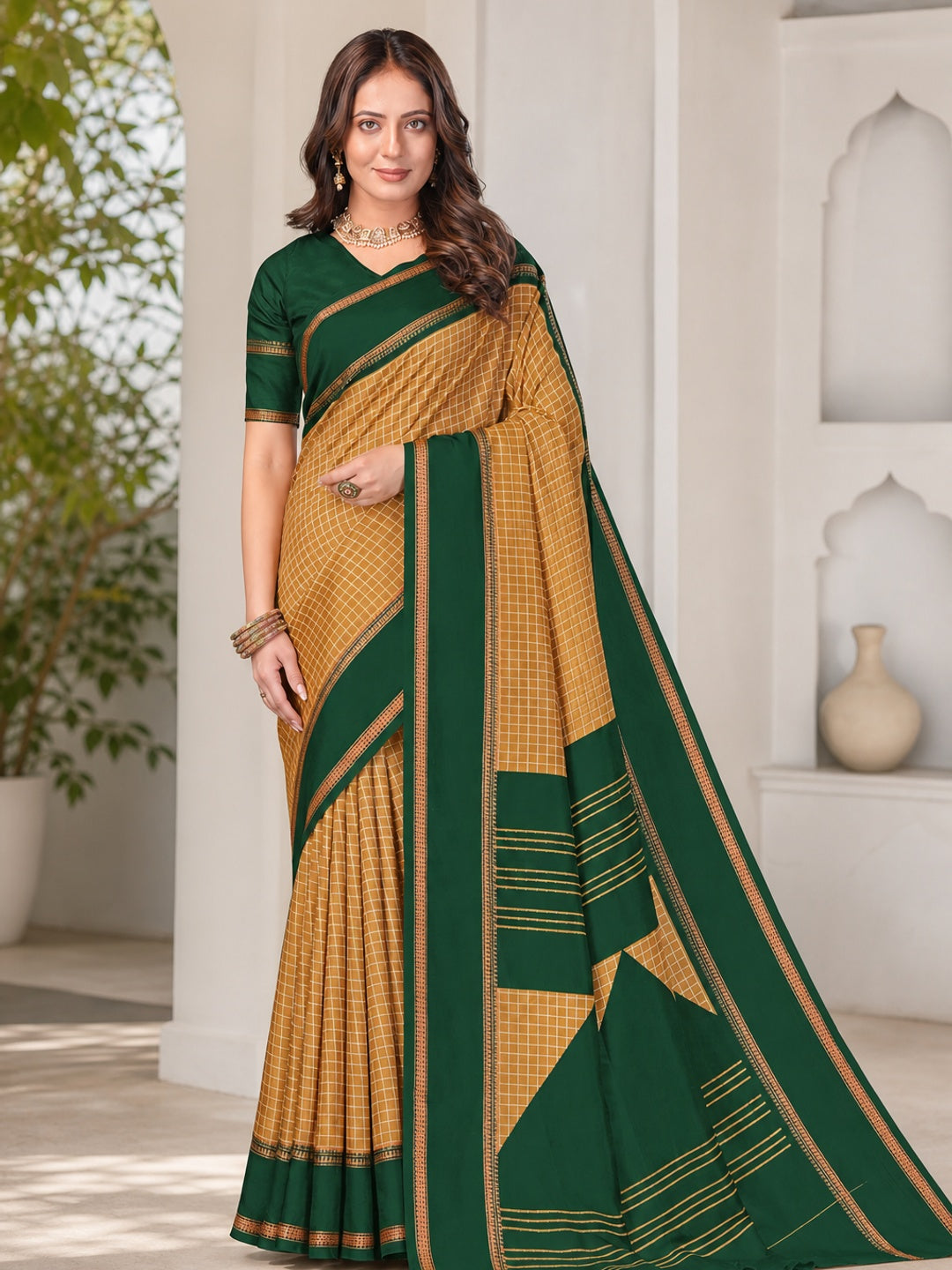 Peachmode Green Tussar Saree with Checked - Image 1
