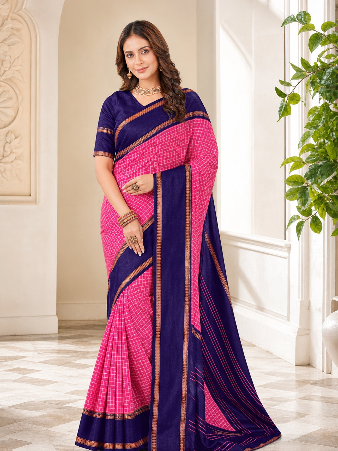 Peachmode Pink Tussar Saree with Checked - Image 1