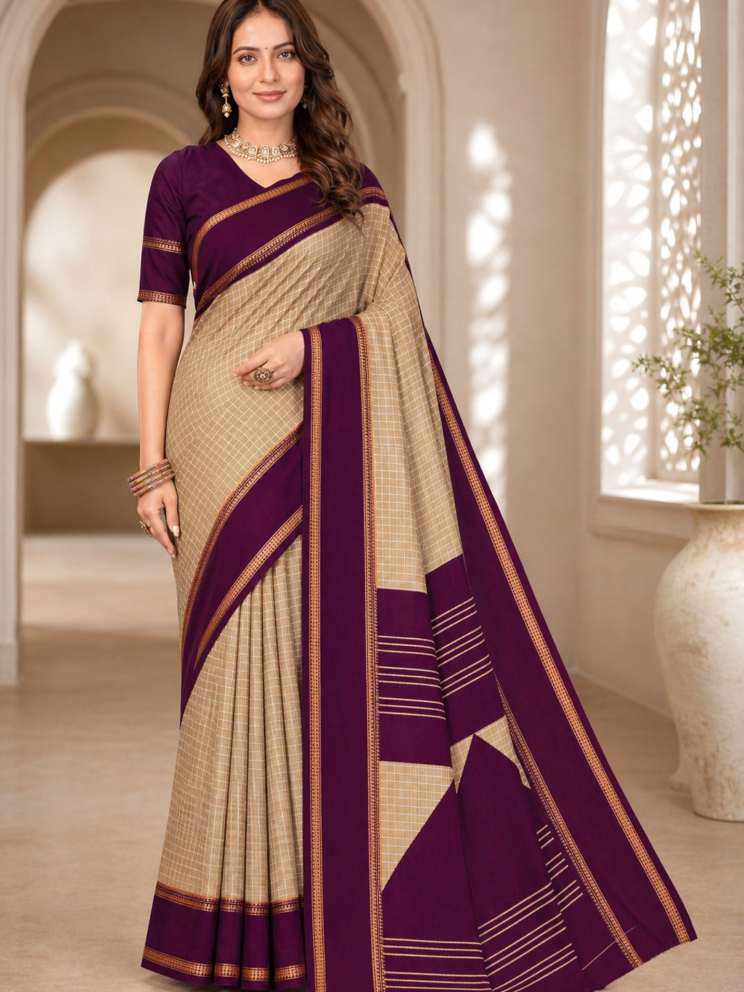 Peachmode Beige Tussar Saree with Checked - Image 1