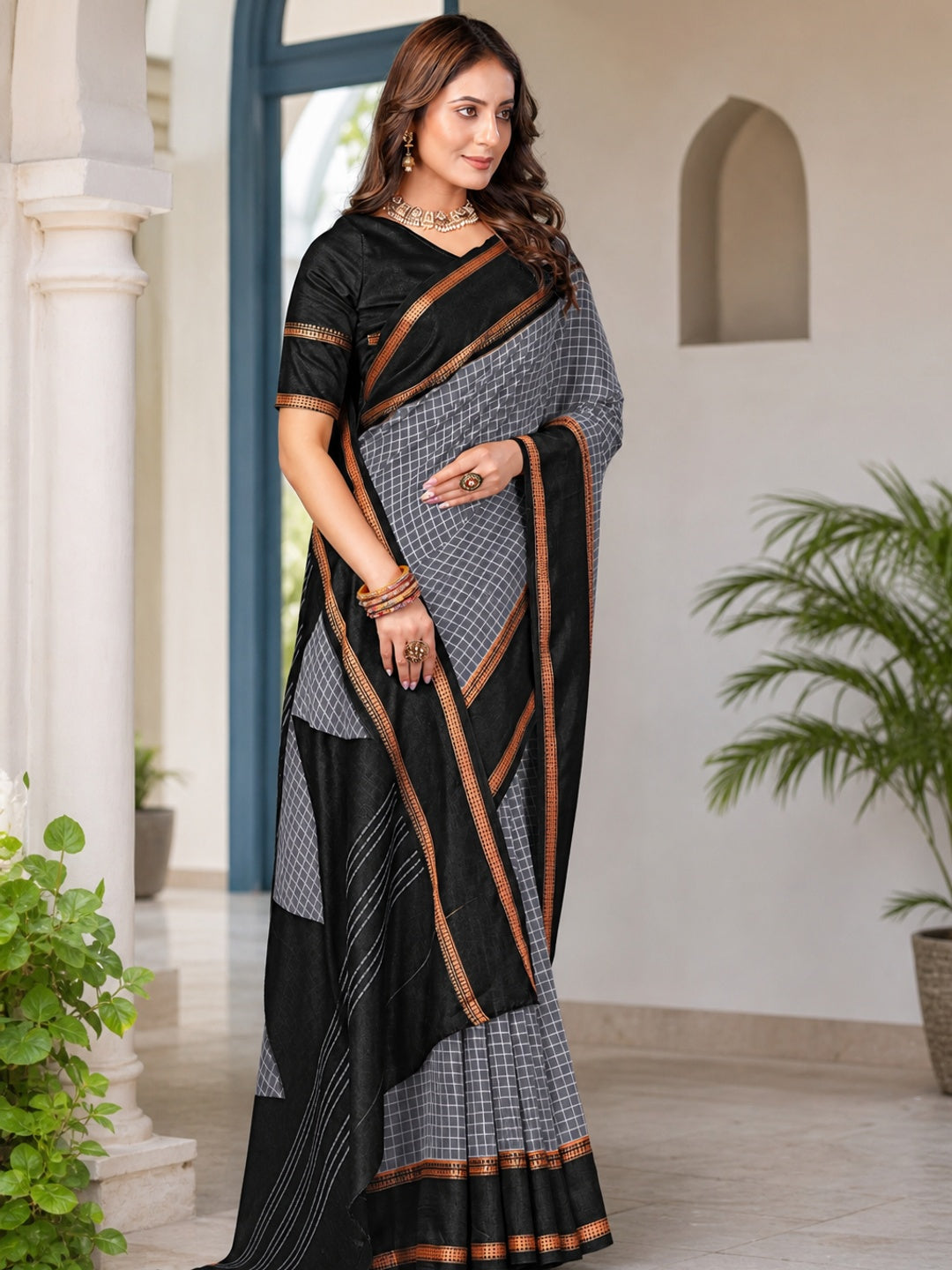 Peachmode Black Tussar Saree with Checked - Image 1