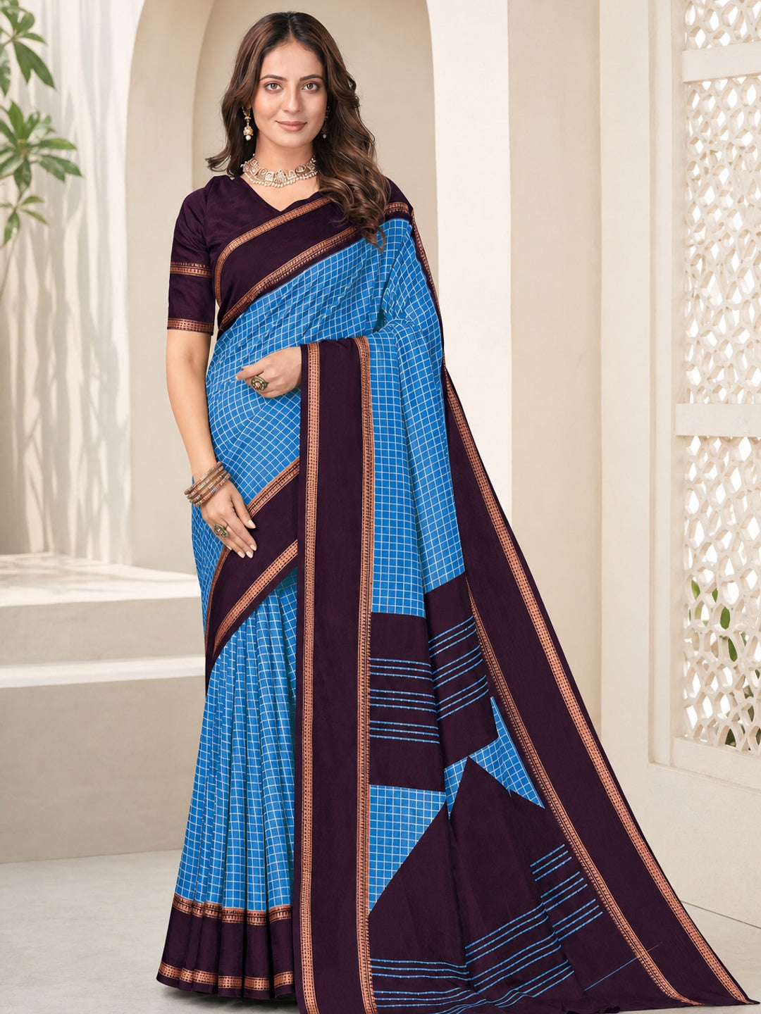 Peachmode Blue Tussar Saree with Checked - Image 1