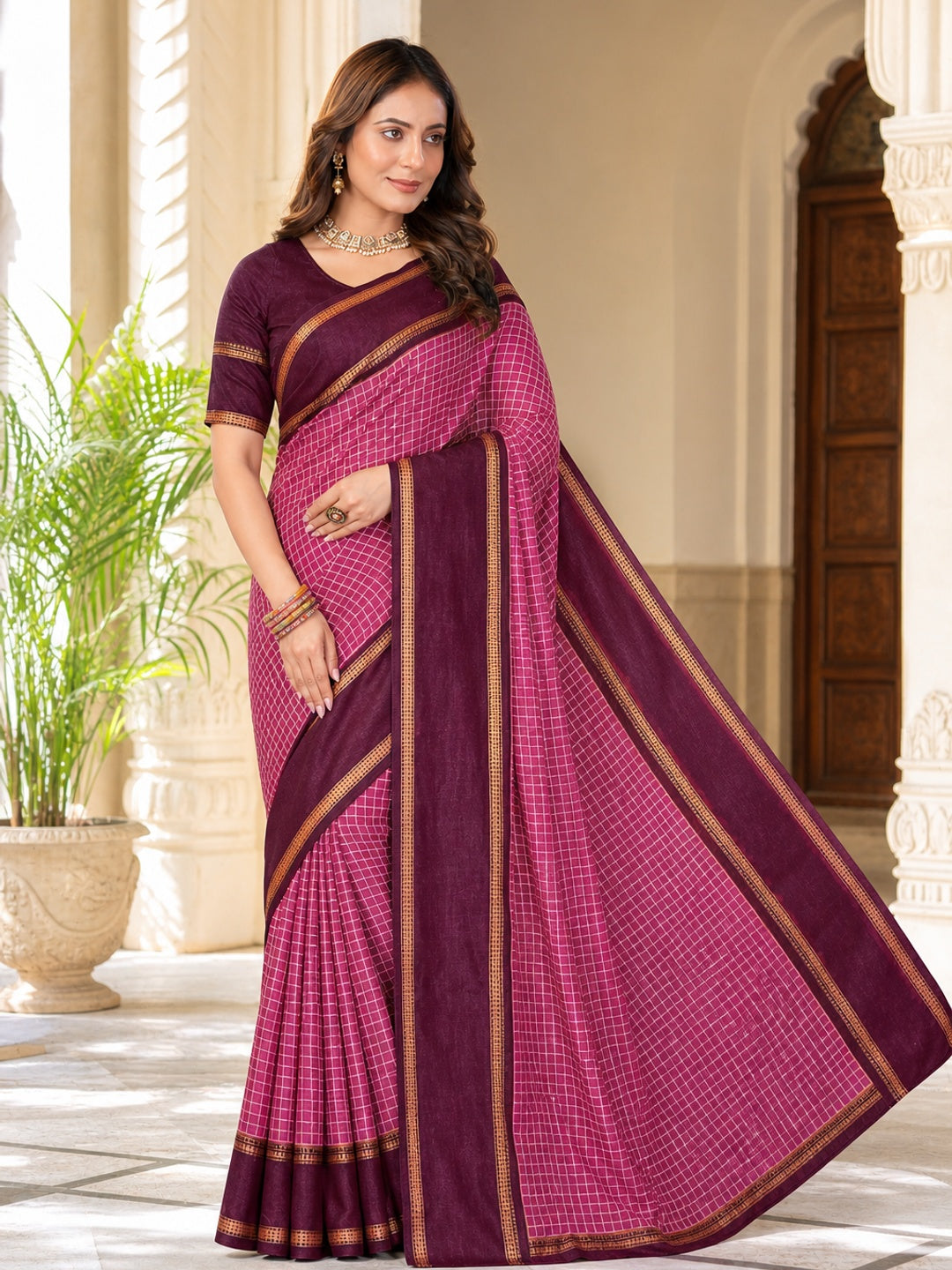 Peachmode Magenta Tussar Saree with Checked - Image 1