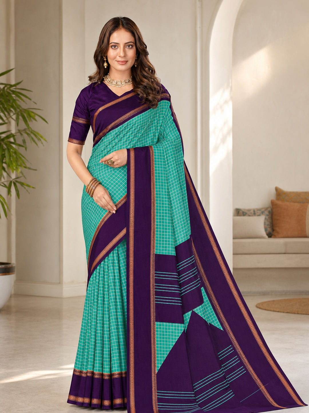 Peachmode Turquoise Tussar Saree with Checked - Image 1