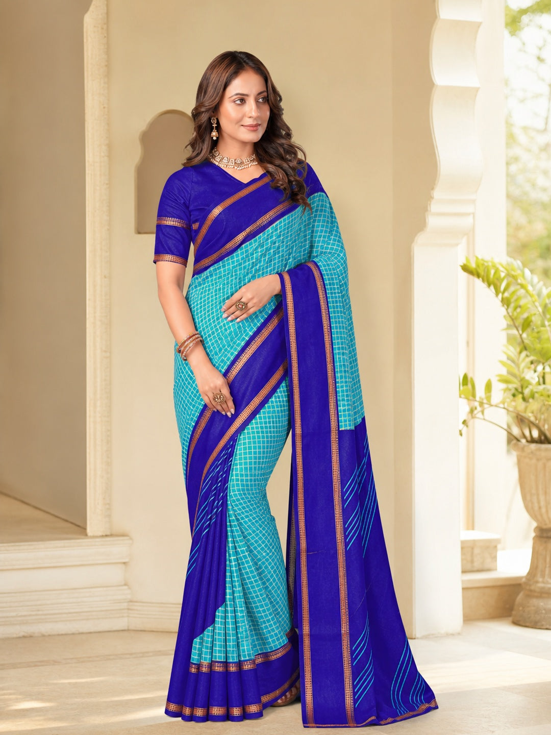Peachmode Navy Blue Tussar Saree with Checked - Image 1