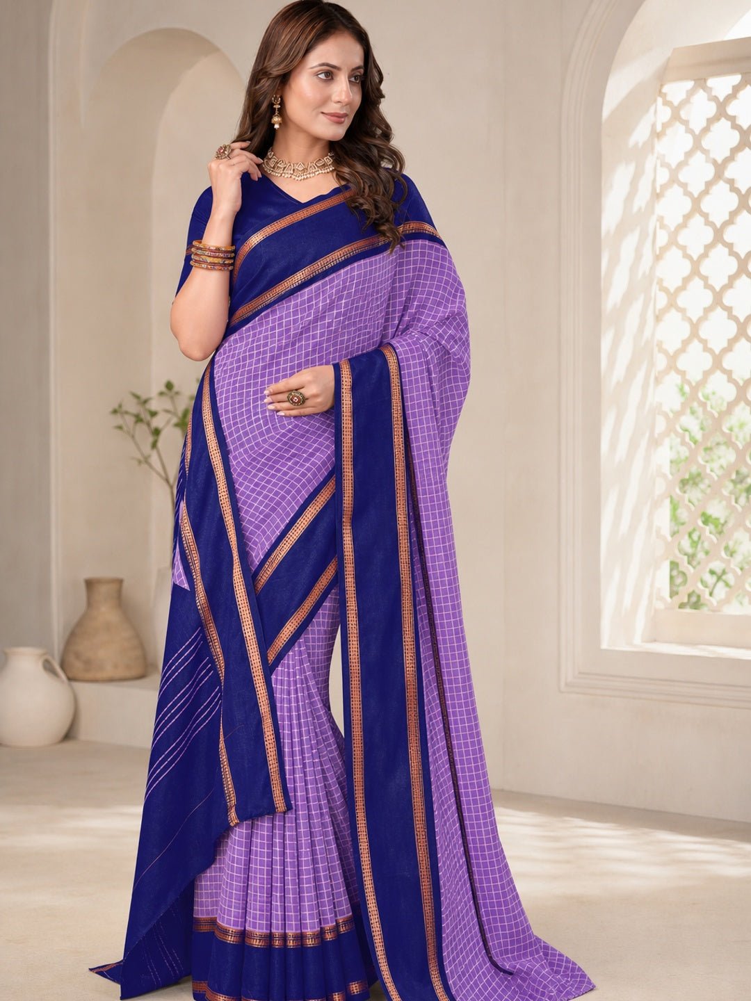 Peachmode Purple Tussar Saree with Checked - Image 1