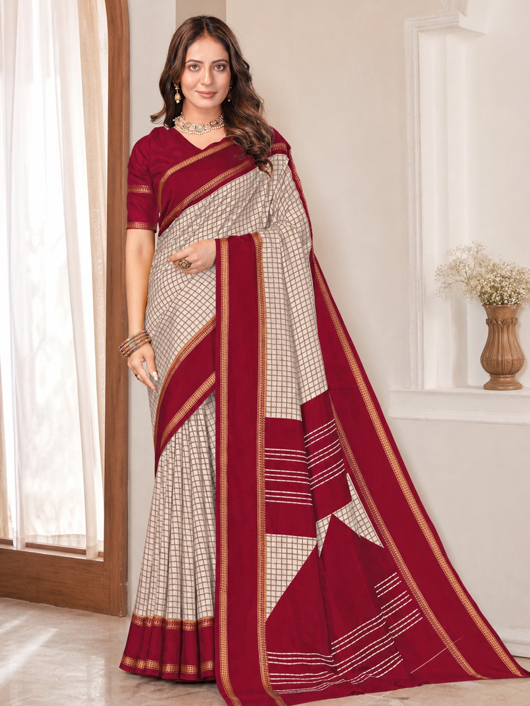 Peachmode Red Tussar Saree with Checked - Image 1