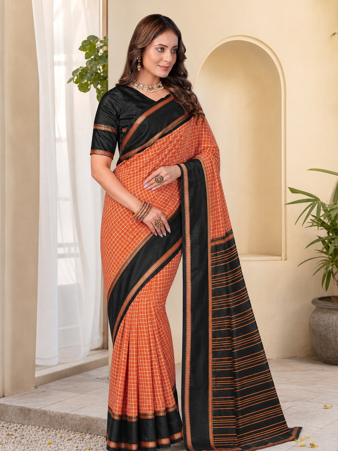 Peachmode Orange Tussar Saree with Checked - Image 1