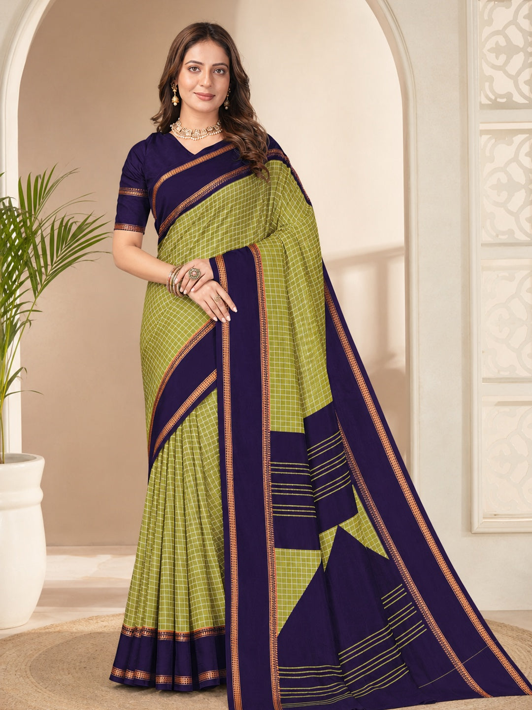 Peachmode Olive Tussar Saree with Checked - Image 1