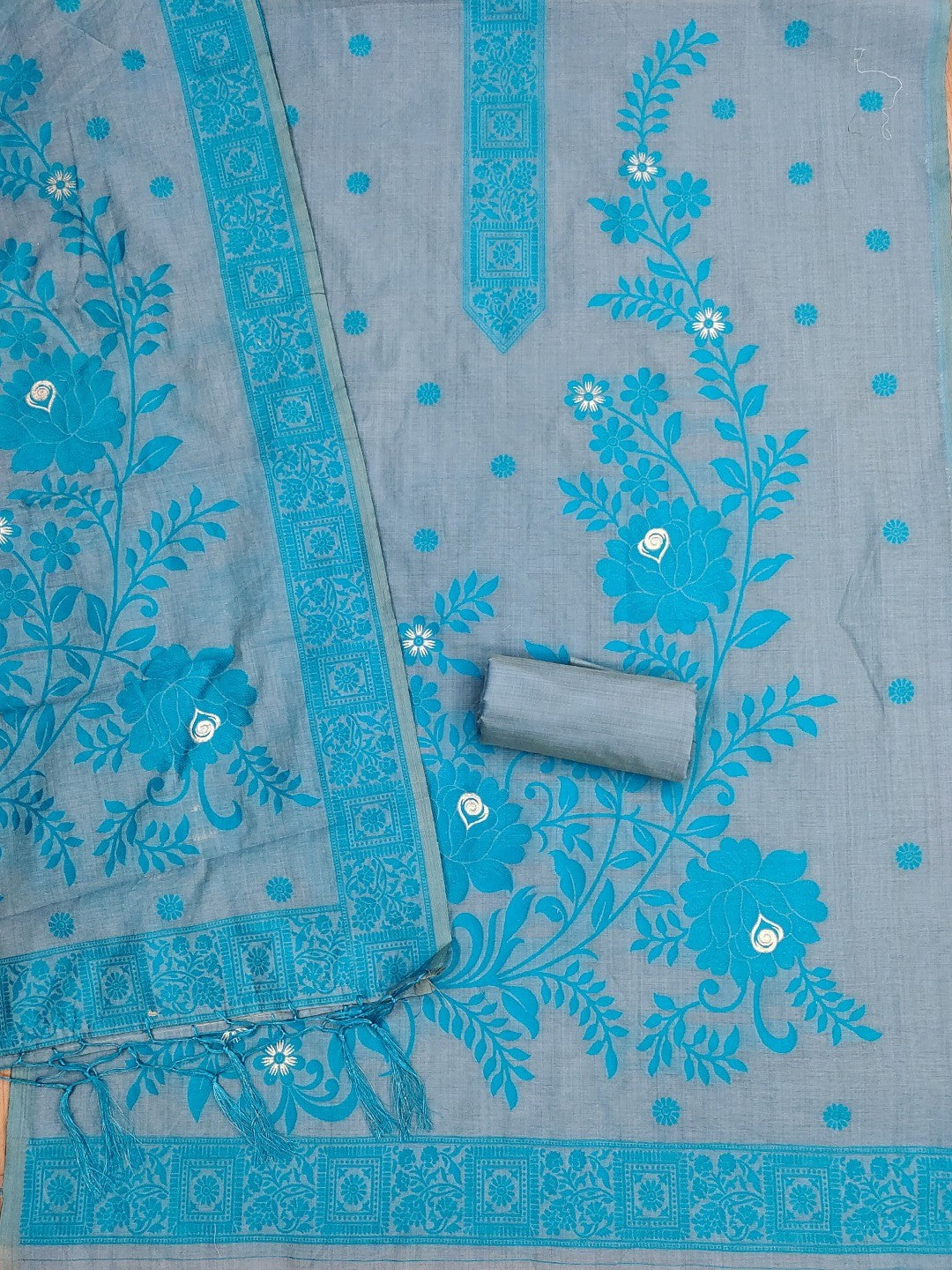 Designer Grey & Blue Muga Cotton Blend Jamdani Dress Material With Floral Zari Weaving - Image 3