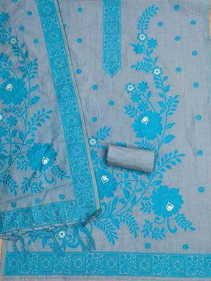 Designer Grey & Blue Muga Cotton Blend Jamdani Dress Material With Floral Zari Weaving - Image 2