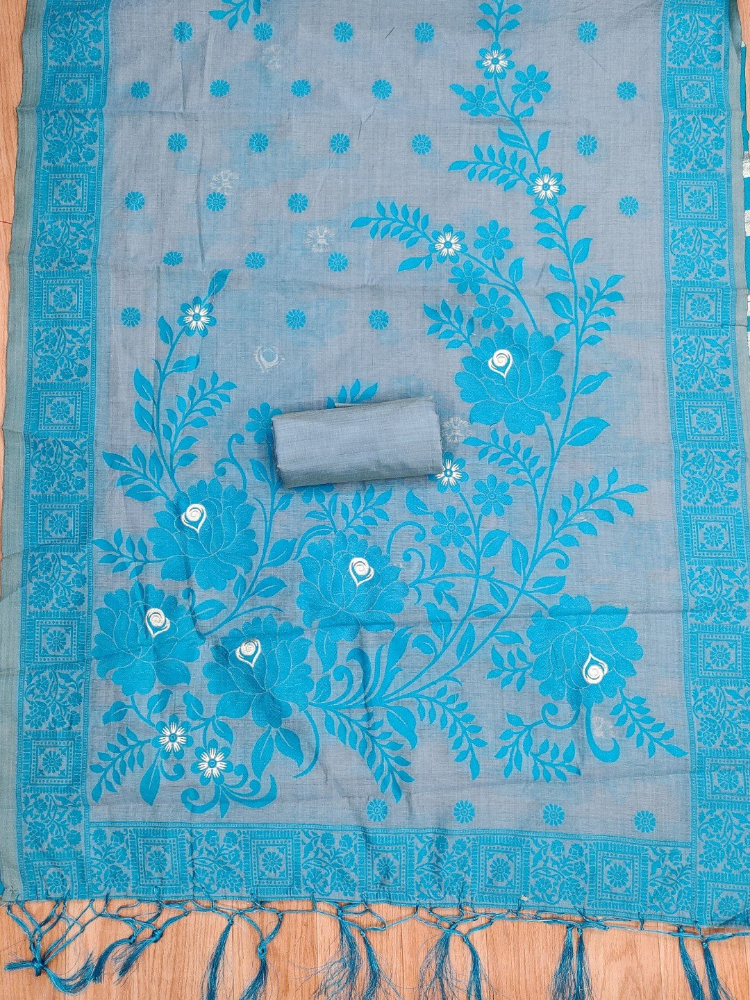 Designer Grey & Blue Muga Cotton Blend Jamdani Dress Material With Floral Zari Weaving - Image 4