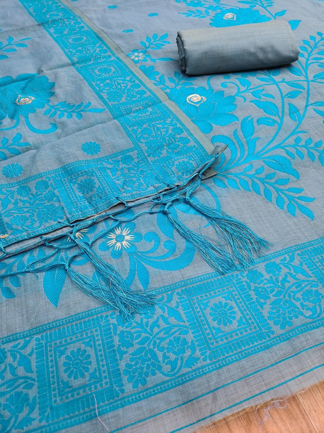 Designer Grey & Blue Muga Cotton Blend Jamdani Dress Material With Floral Zari Weaving - Image 5