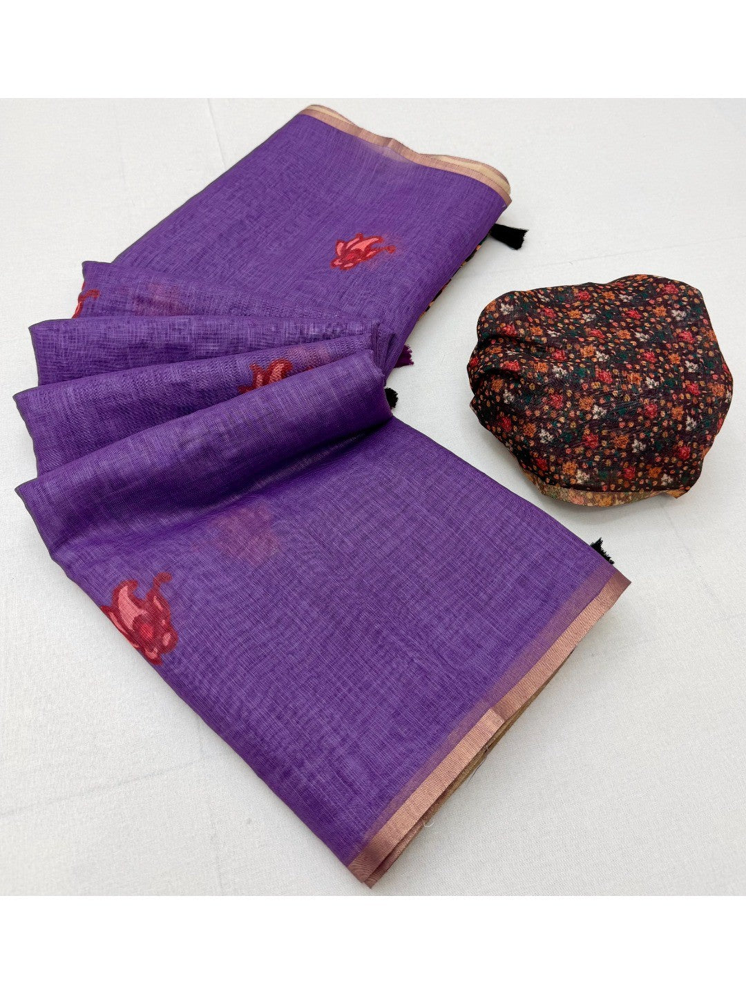 Violet Floral Printed Linen Lightweight Saree Elegant Everyday Ethnic Wear - Image 3