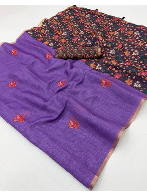 Violet Floral Printed Linen Lightweight Saree Elegant Everyday Ethnic Wear - Image 2