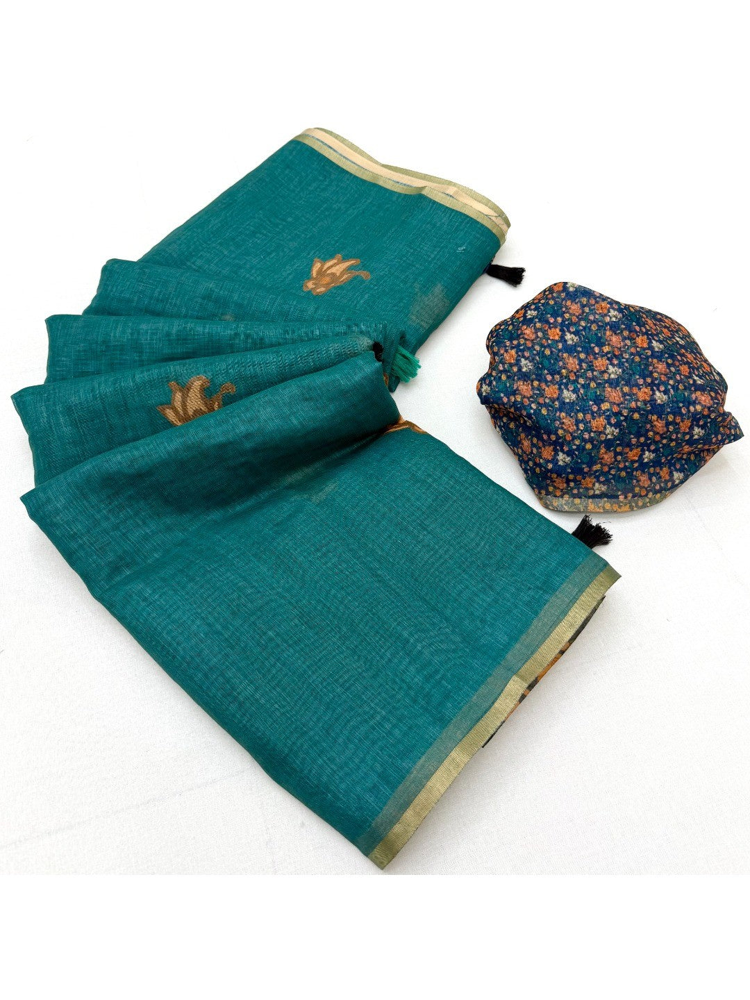 Teal Floral Printed Linen Lightweight Saree Elegant Everyday Ethnic Wear - Image 3