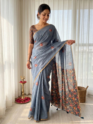 Grey Floral Printed Linen Lightweight Saree Elegant Everyday Ethnic Wear - Image 1