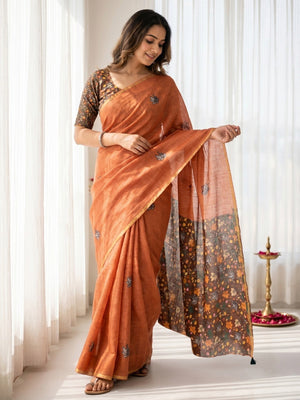 Orange Floral Printed Linen Lightweight Saree Elegant Everyday Ethnic Wear - Image 1