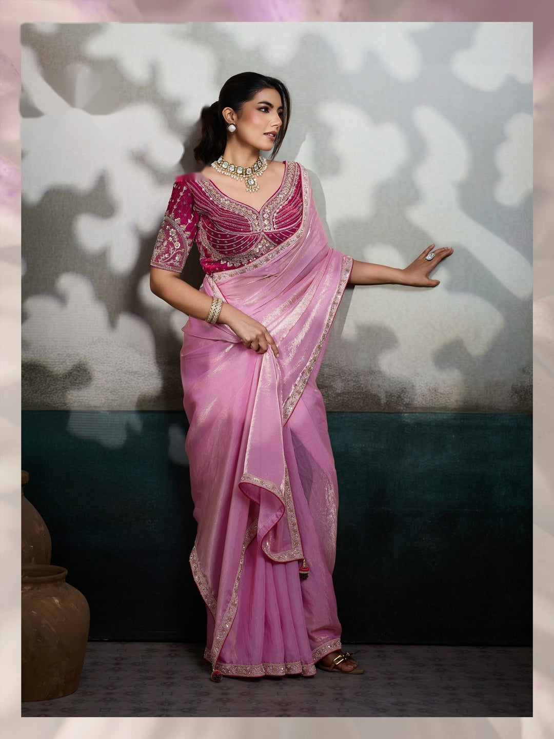 Peachmode Pink Velvet Satin Saree with Handwork Lace - Image 1