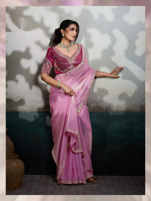 Peachmode Pink Velvet Satin Saree with Handwork Lace - Image 1