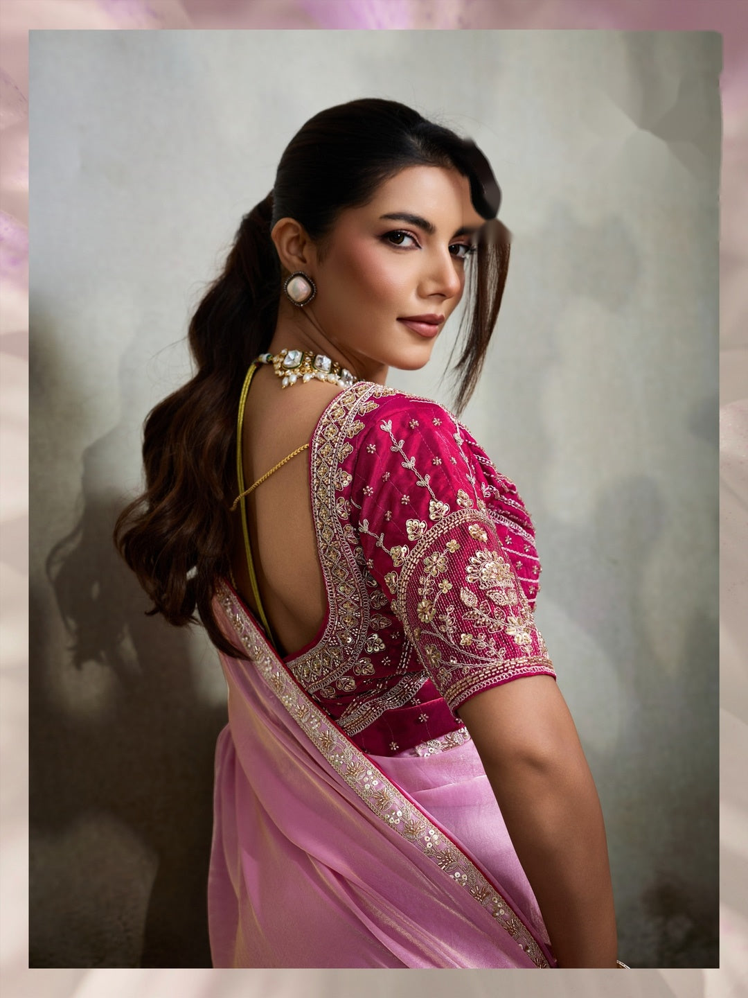 Peachmode Pink Velvet Satin Saree with Handwork Lace - Image 2