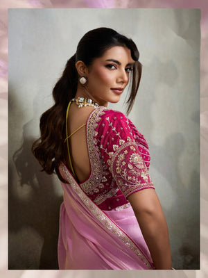 Peachmode Pink Velvet Satin Saree with Handwork Lace - Image 2