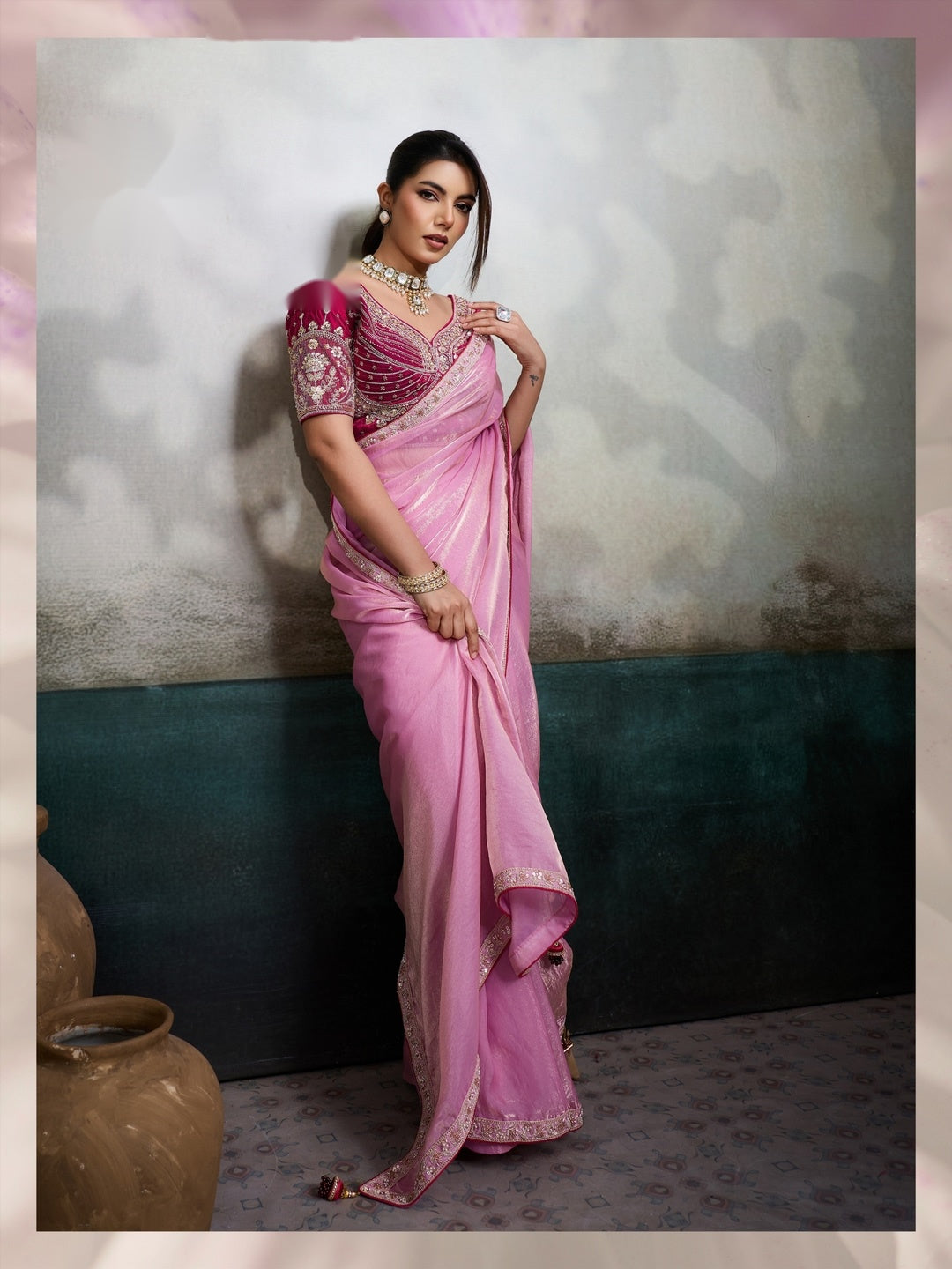 Peachmode Pink Velvet Satin Saree with Handwork Lace - Image 3