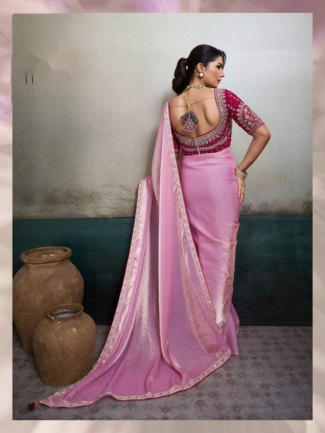 Peachmode Pink Velvet Satin Saree with Handwork Lace - Image 4