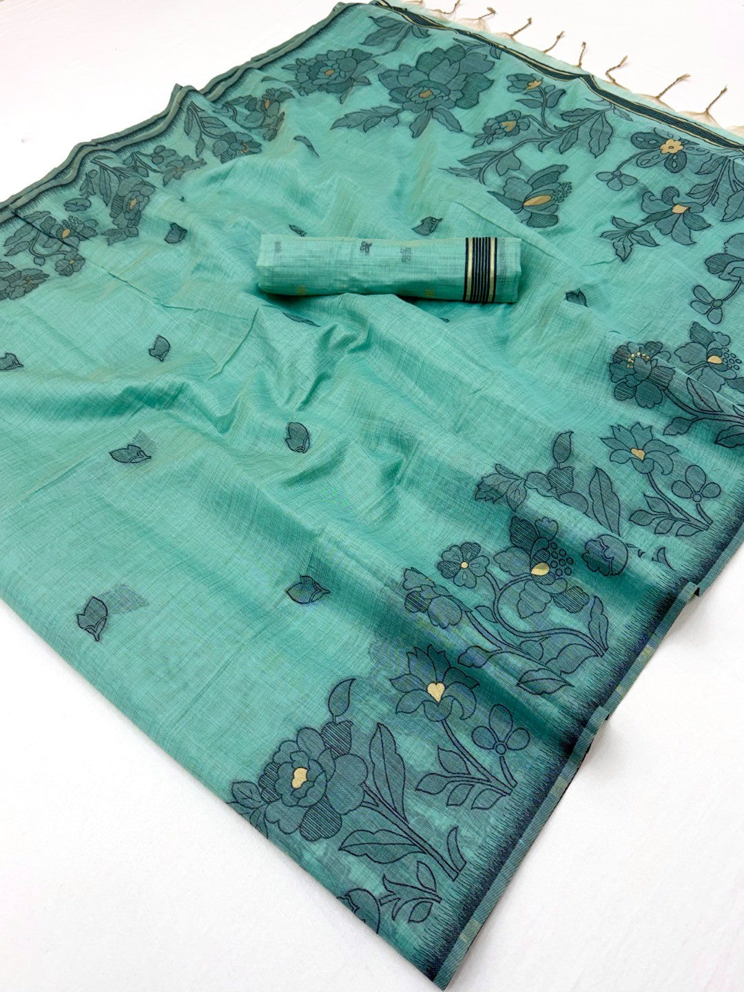 Turquoise Cotton Blend Festive Wear Saree with Elegant Floral Woven Pattern - Image 2