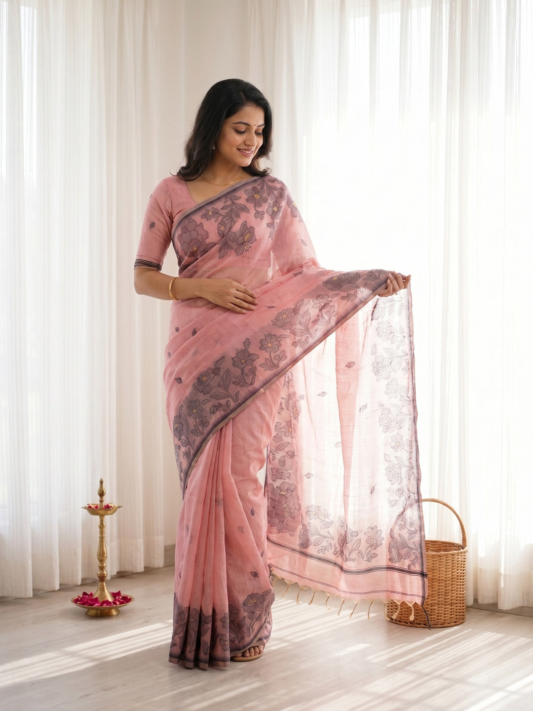 Pink Cotton Blend Festive Wear Saree with Elegant Floral Woven Pattern - Image 1