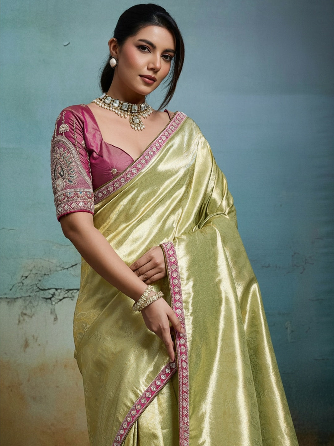 Peachmode Green Tissue Banarasi Saree with Beads and Sequins Lace - Image 1