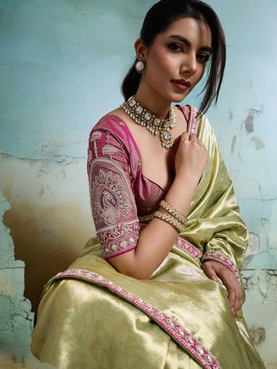 Peachmode Green Tissue Banarasi Saree with Beads and Sequins Lace - Image 2
