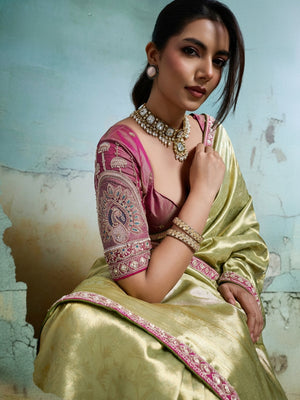 Peachmode Green Tissue Banarasi Saree with Beads and Sequins Lace - Image 2