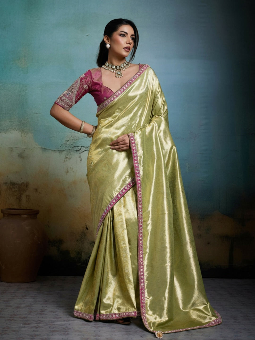 Peachmode Green Tissue Banarasi Saree with Beads and Sequins Lace - Image 3