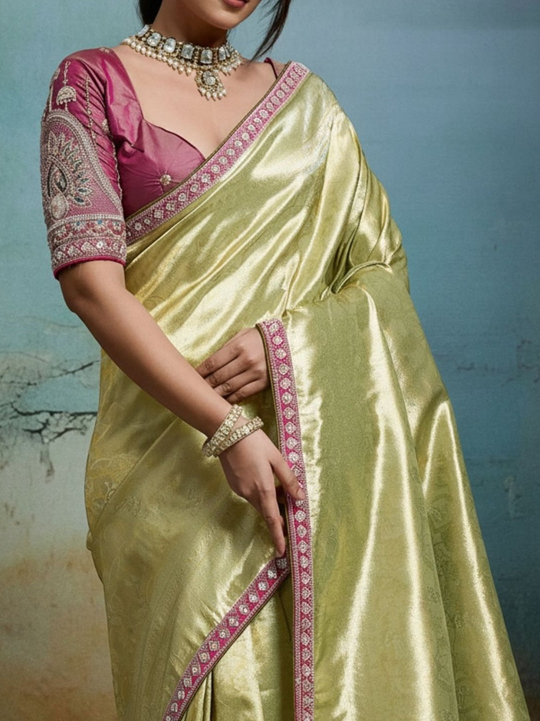 Peachmode Green Tissue Banarasi Saree with Beads and Sequins Lace - Image 4