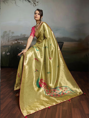 Peachmode Yellow Banarasi Jacquard Saree with Peacock Woven Pallu - Image 1