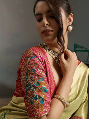 Peachmode Yellow Banarasi Jacquard Saree with Peacock Woven Pallu - Image 2