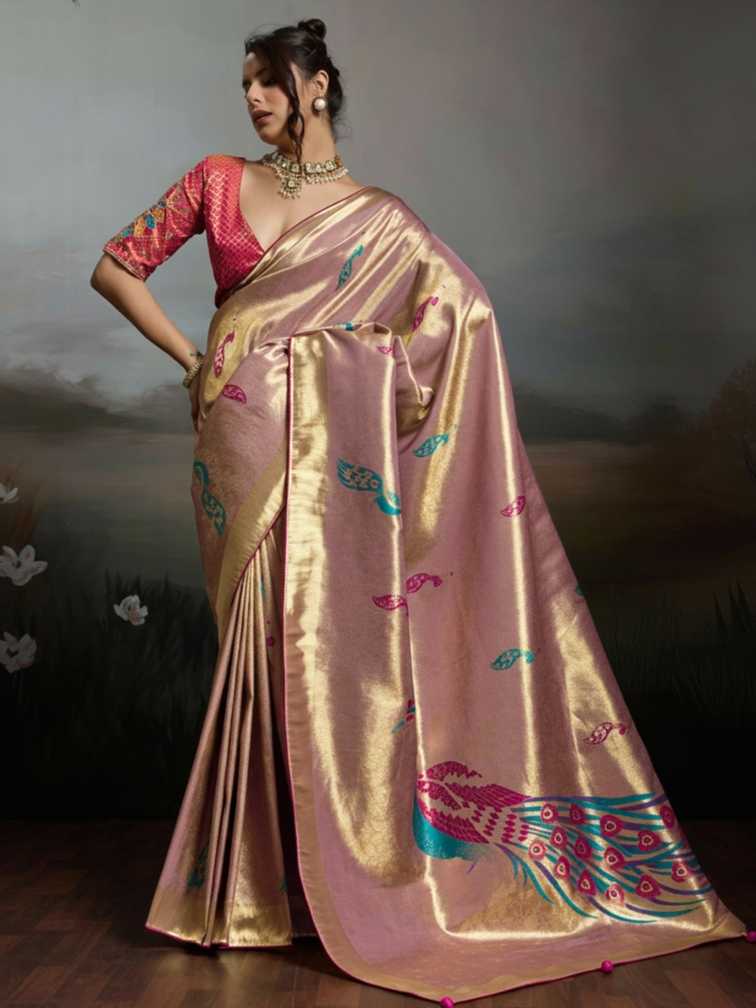 Peachmode Pink Banarasi Jacquard Saree with Peacock Woven Pallu - Image 1