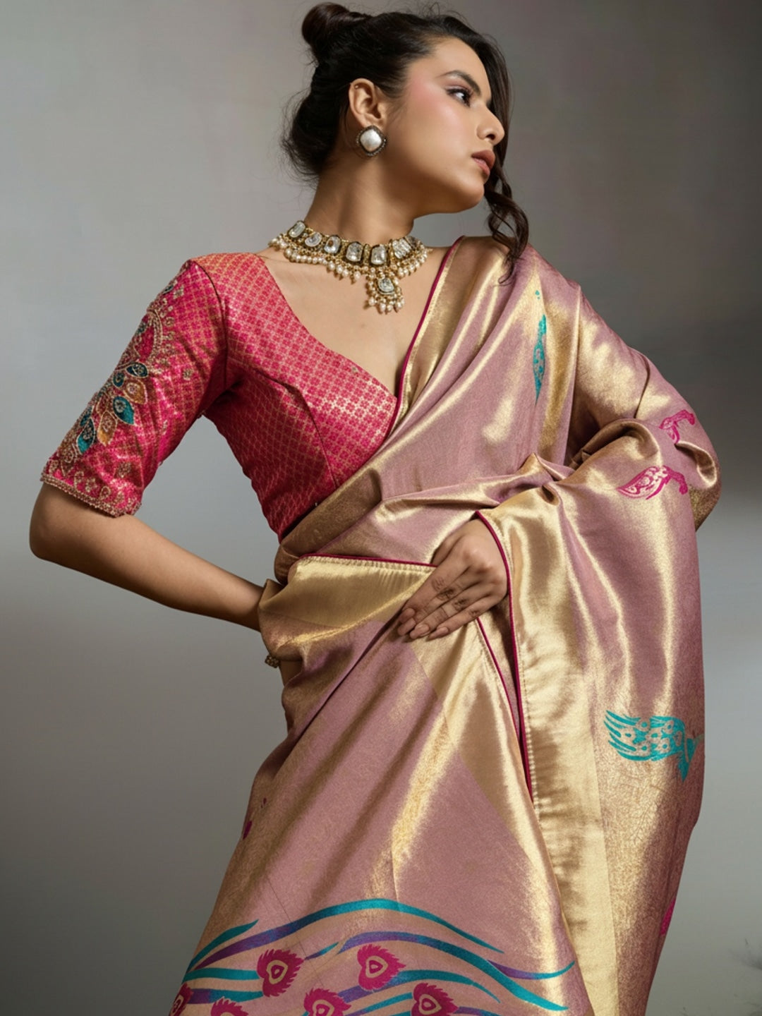 Peachmode Pink Banarasi Jacquard Saree with Peacock Woven Pallu - Image 2