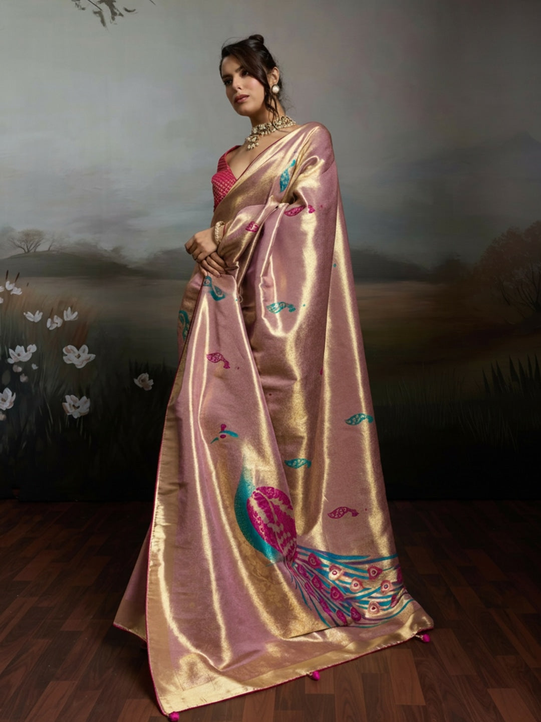 Peachmode Pink Banarasi Jacquard Saree with Peacock Woven Pallu - Image 3