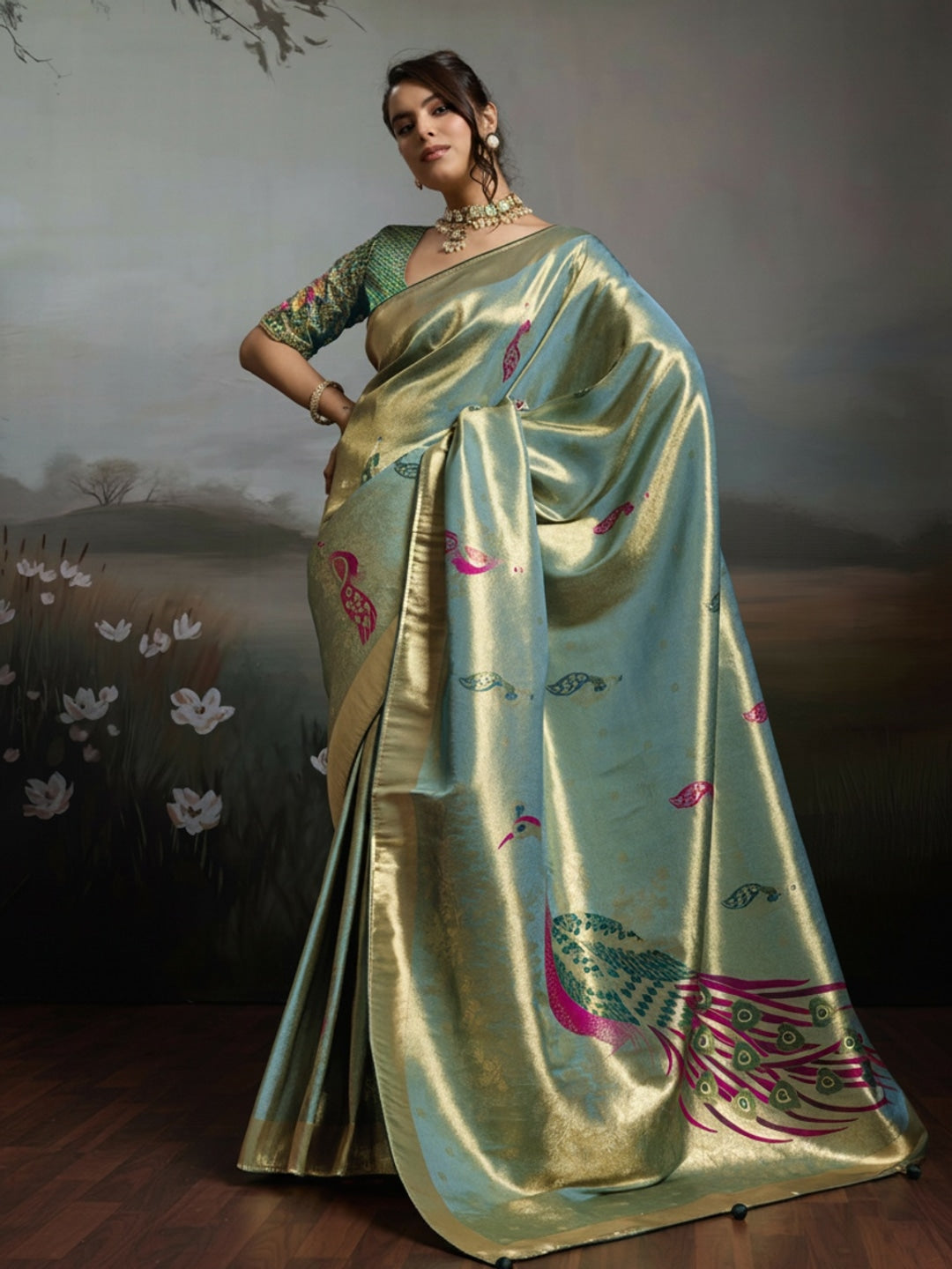 Peachmode Sea Green Banarasi Jacquard Saree with Peacock Woven Pallu - Image 1