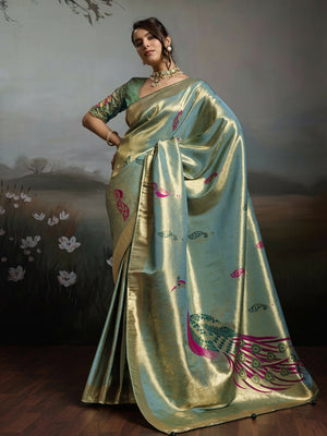 Peachmode Sea Green Banarasi Jacquard Saree with Peacock Woven Pallu - Image 1