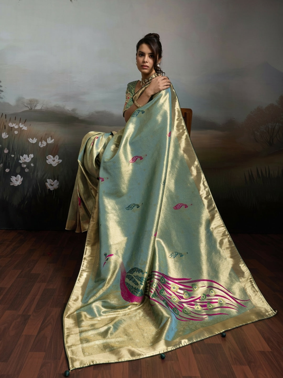 Peachmode Sea Green Banarasi Jacquard Saree with Peacock Woven Pallu - Image 2