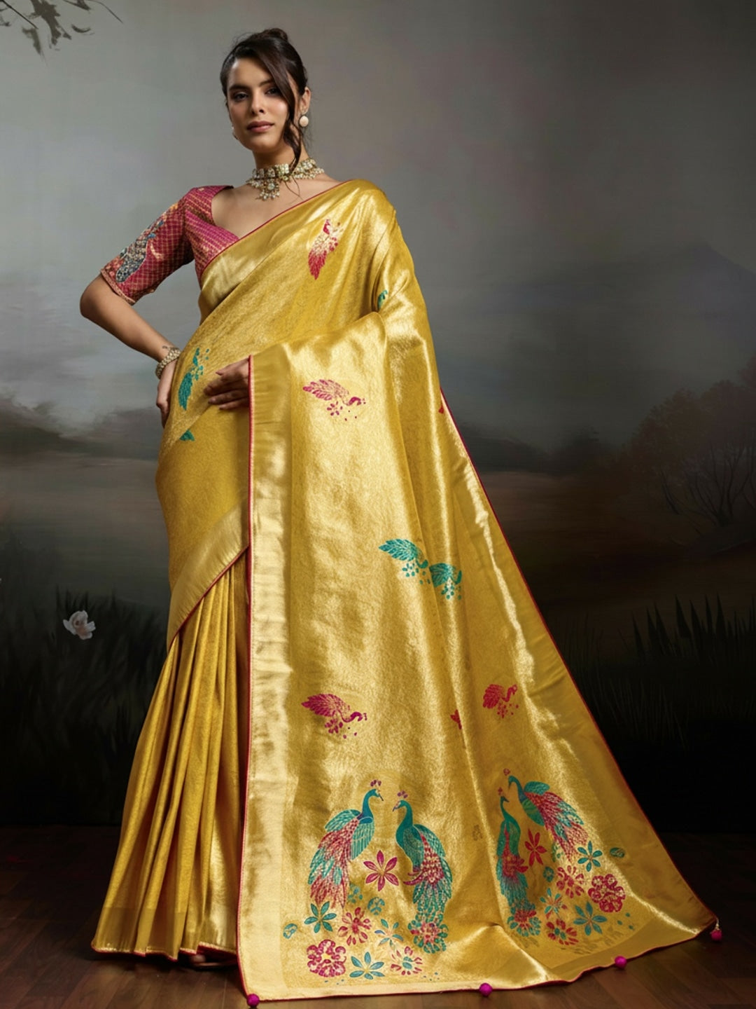 Peachmode Yellow Banarasi Jacquard Saree with Peacock Woven Pallu - Image 1