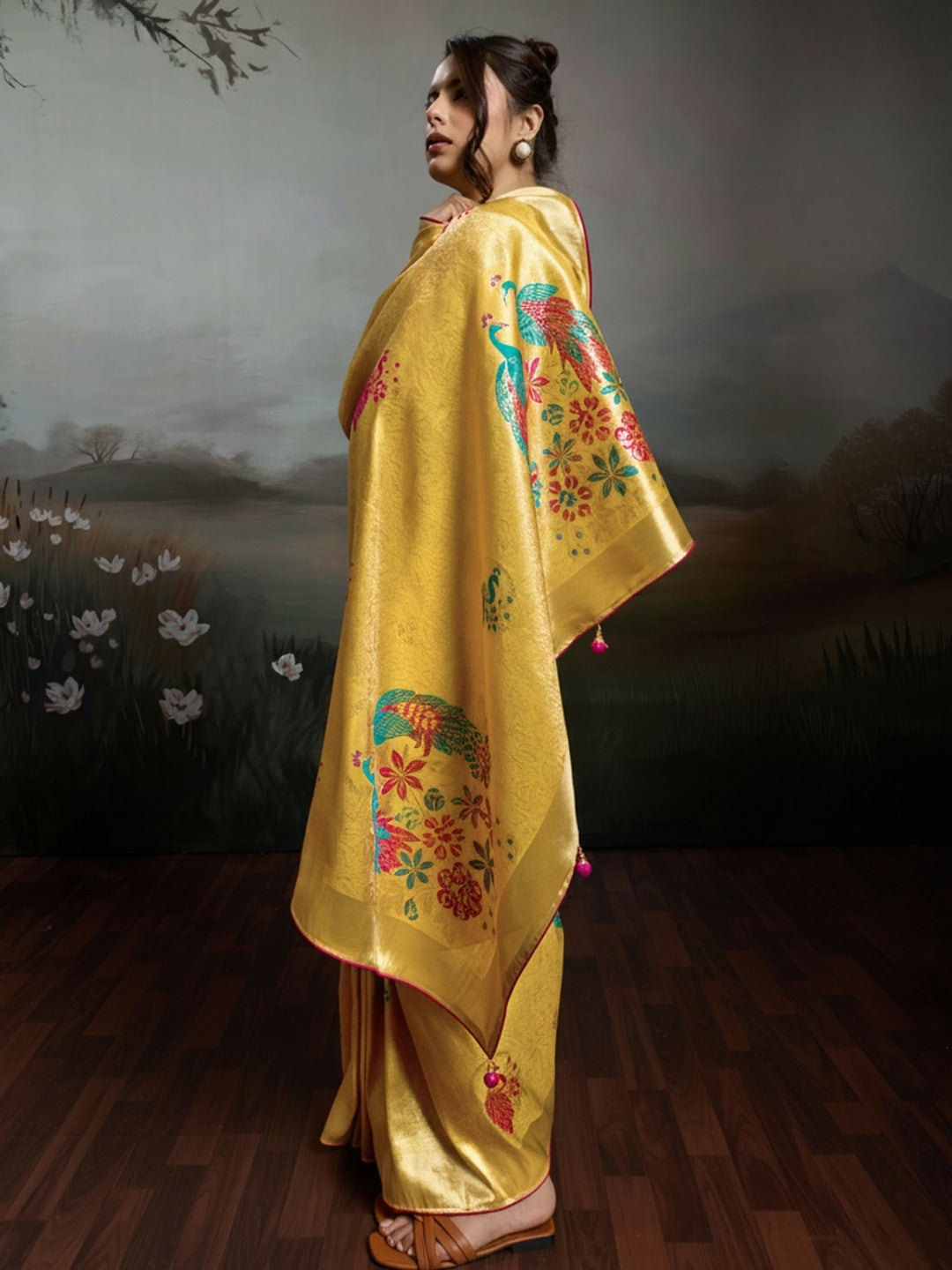 Peachmode Yellow Banarasi Jacquard Saree with Peacock Woven Pallu - Image 3