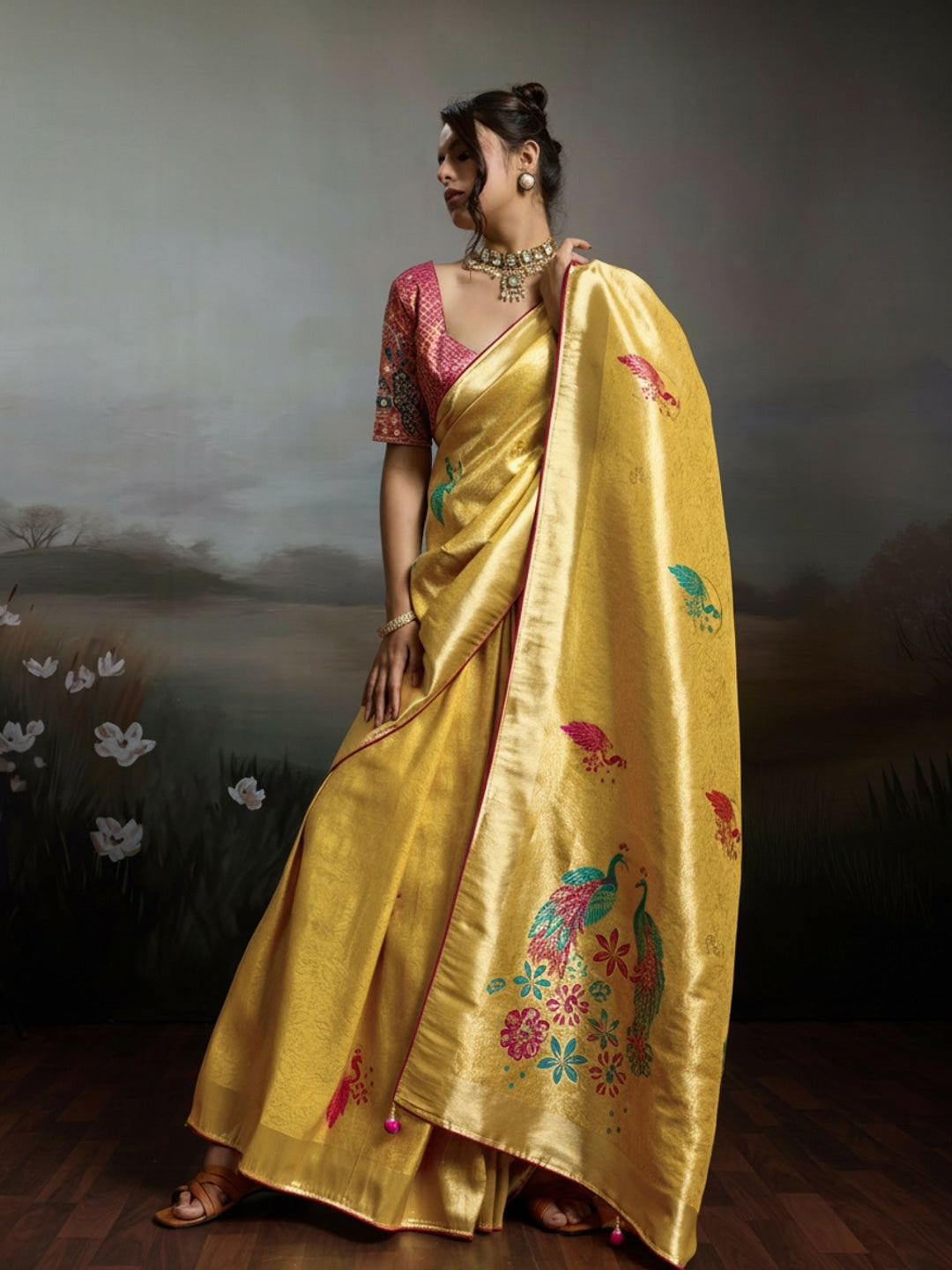 Peachmode Yellow Banarasi Jacquard Saree with Peacock Woven Pallu - Image 4