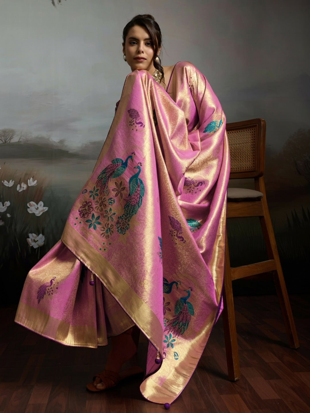 Peachmode Pink Banarasi Jacquard Saree with Peacock Woven Pallu - Image 1