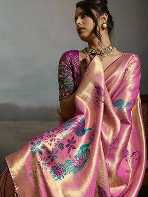 Peachmode Pink Banarasi Jacquard Saree with Peacock Woven Pallu - Image 2