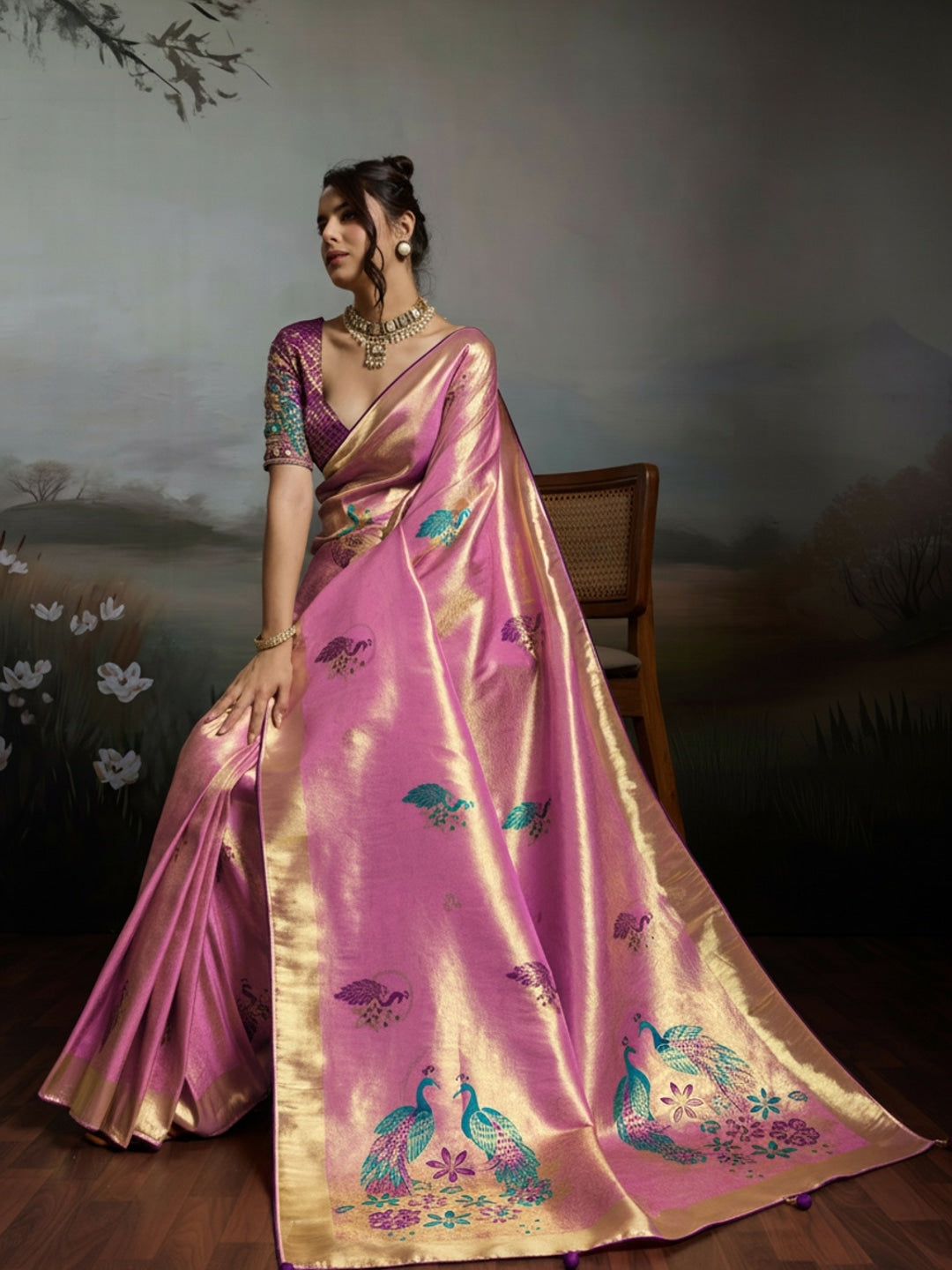 Peachmode Pink Banarasi Jacquard Saree with Peacock Woven Pallu - Image 4