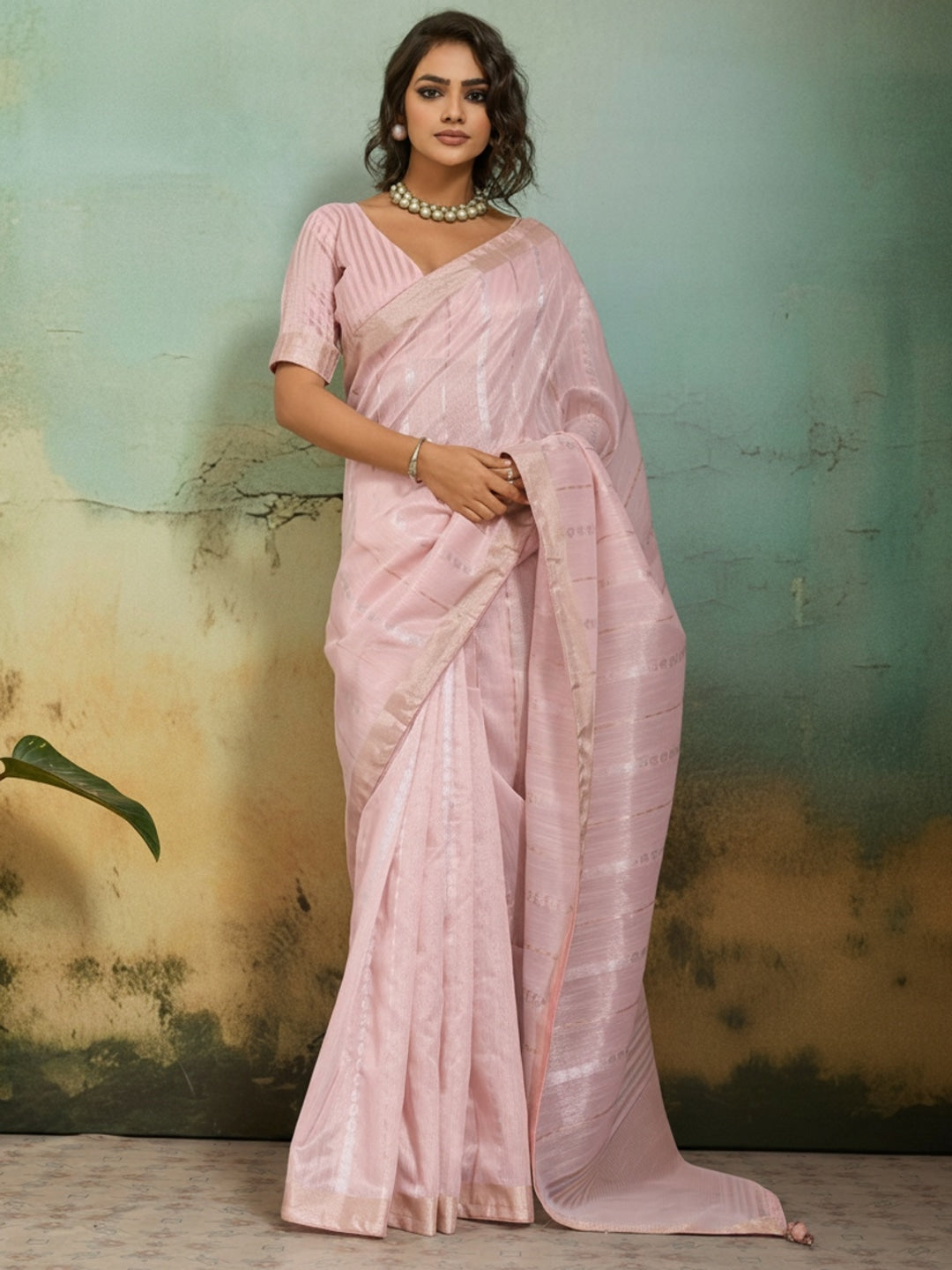 Peachmode Pink Tissue Linen Blend Saree with Zari Woven Border - Image 1
