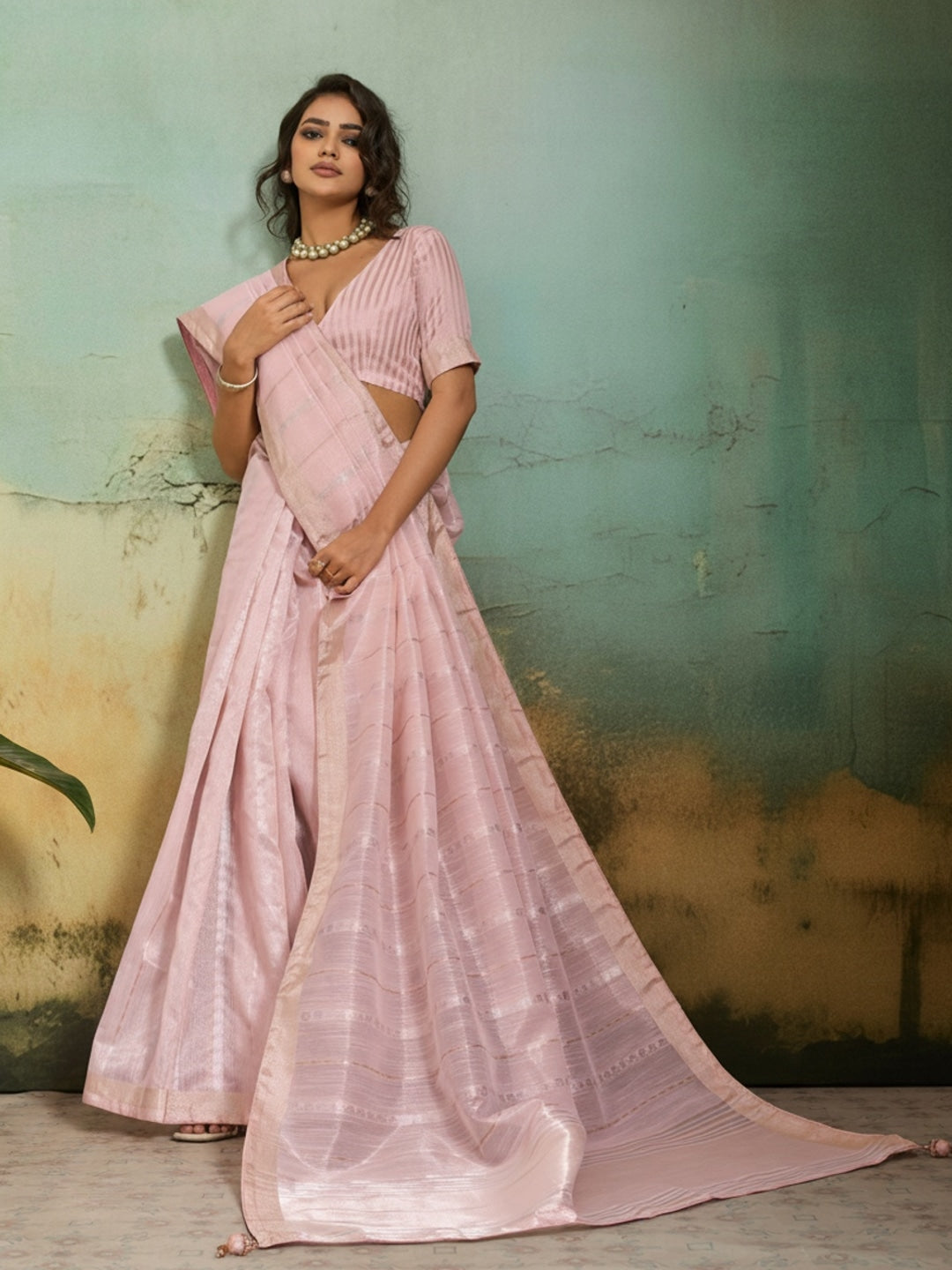 Peachmode Pink Tissue Linen Blend Saree with Zari Woven Border - Image 3